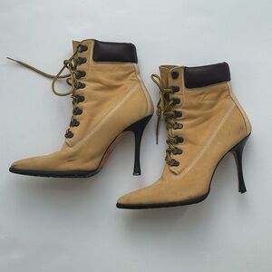 Manolo Blahnik Vintage Tan and Black Heeled Boots (as seen on J Lo)